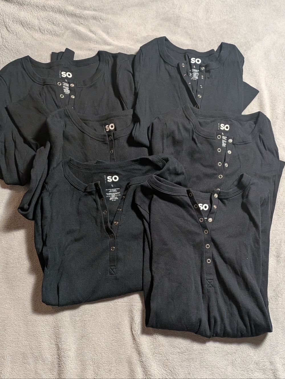 SO Womens Long Sleeve Henley Tee - Black Lot Of 6